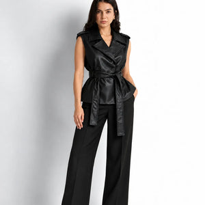 Black Faux Leather Belted Vest