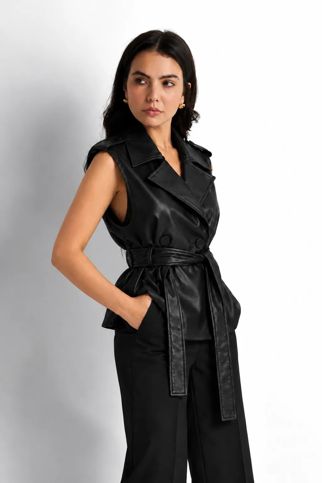 Black Faux Leather Belted Vest
