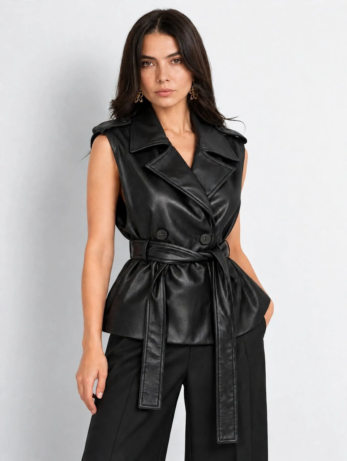 Black Faux Leather Belted Vest