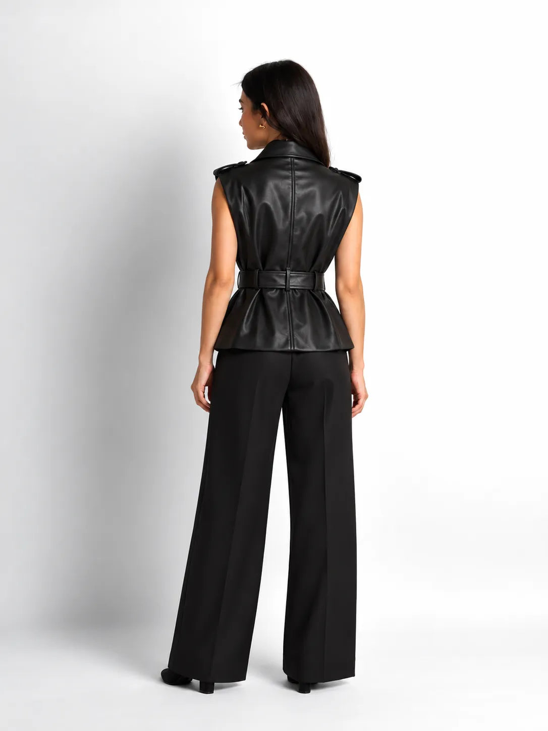 Black Faux Leather Belted Vest