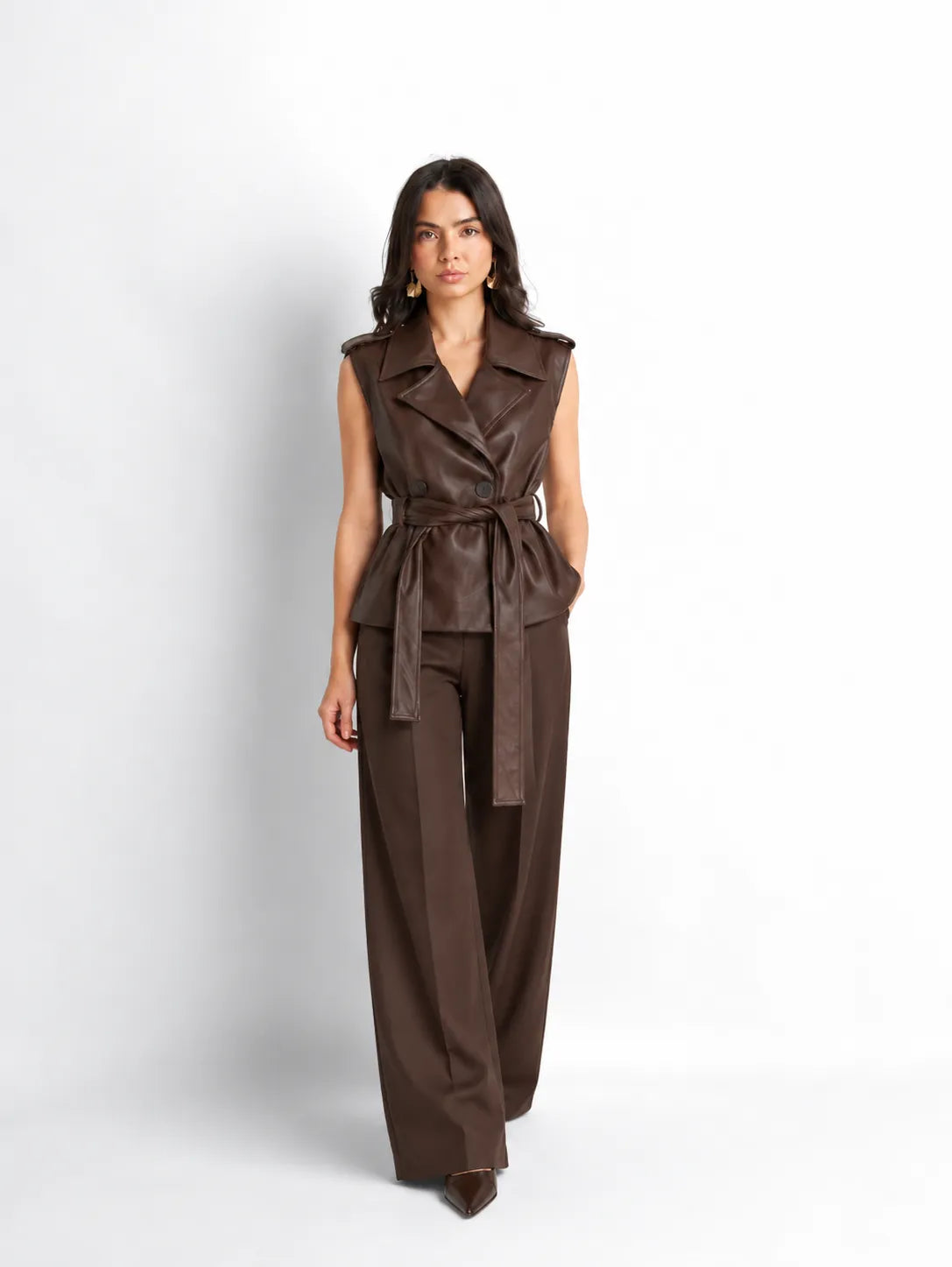 Dark Brown Faux Leather Belted Vest