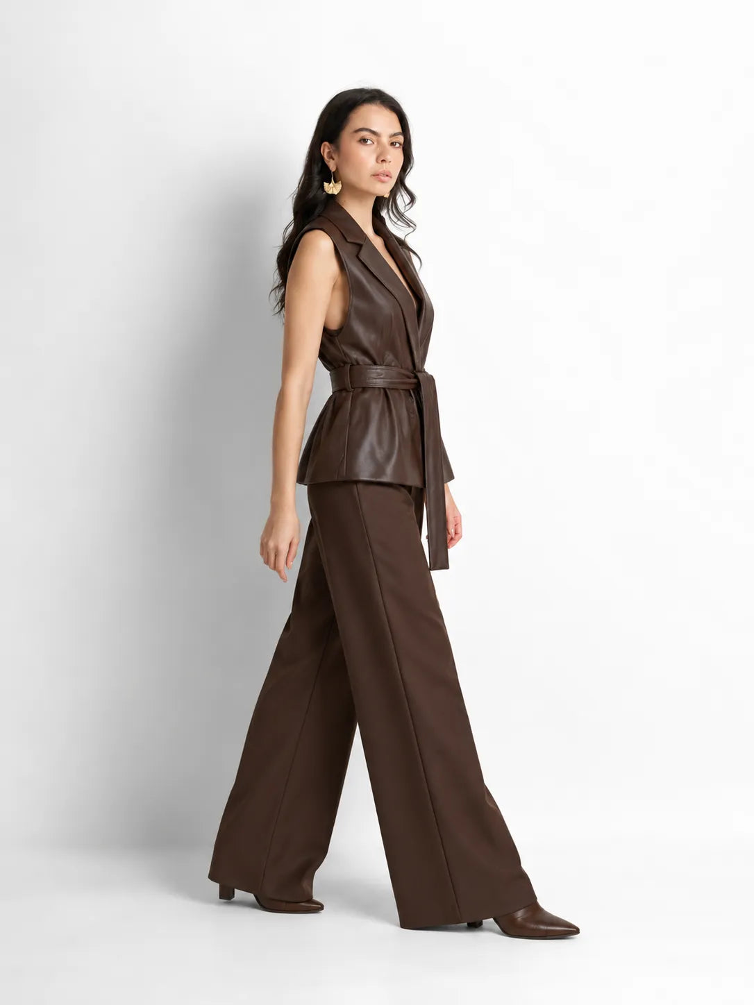 Dark Brown Faux Leather Belted Vest