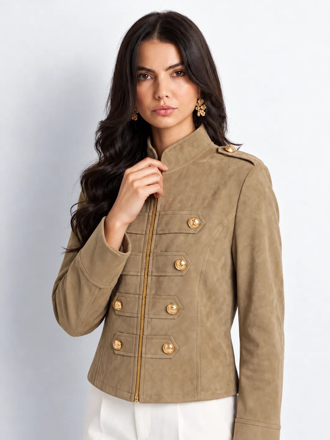 Beige Suede Military Zip-Up Jacket