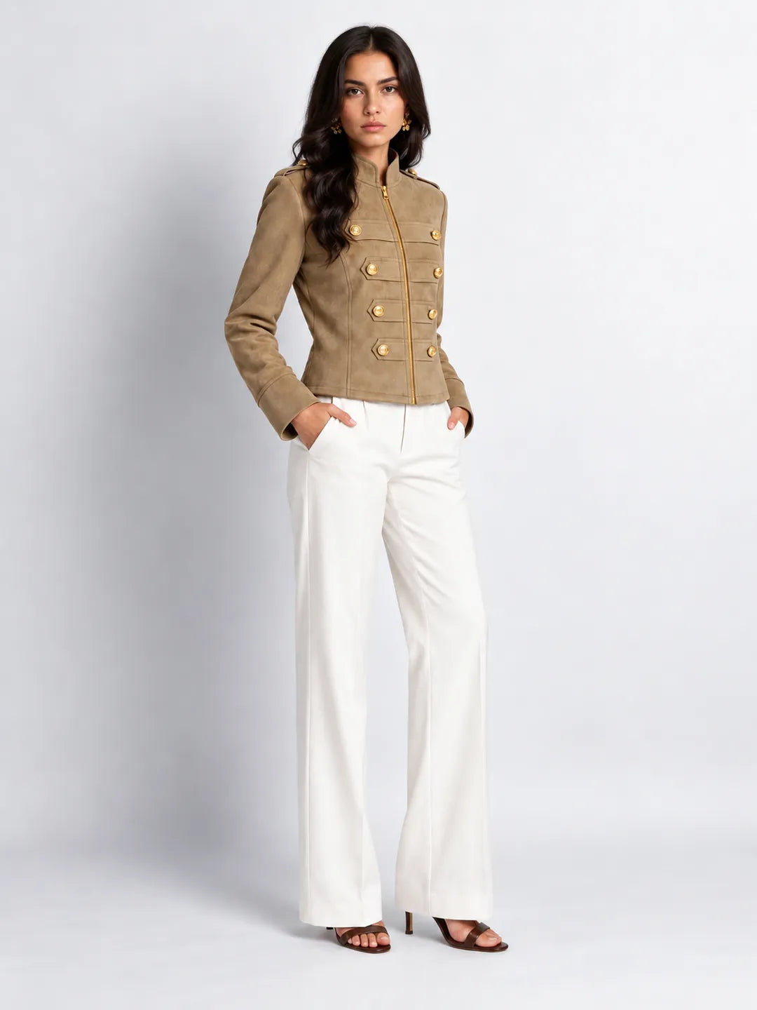 Beige Suede Military Zip-Up Jacket