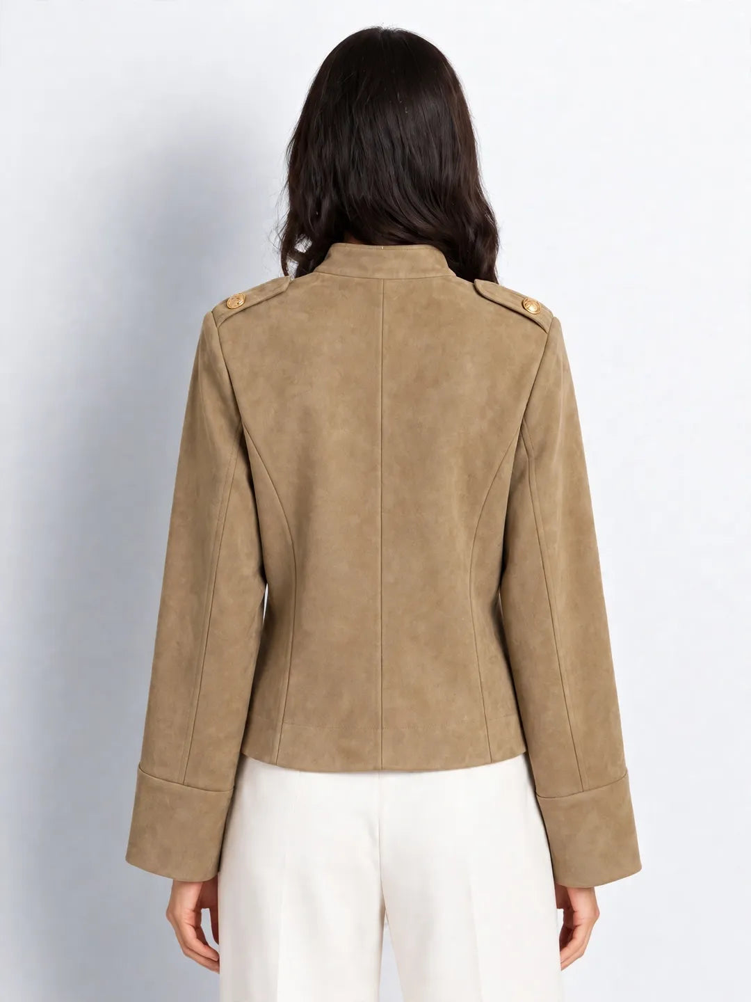 Beige Suede Military Zip-Up Jacket