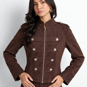 Brown Suede Military Zip-Up Jacket