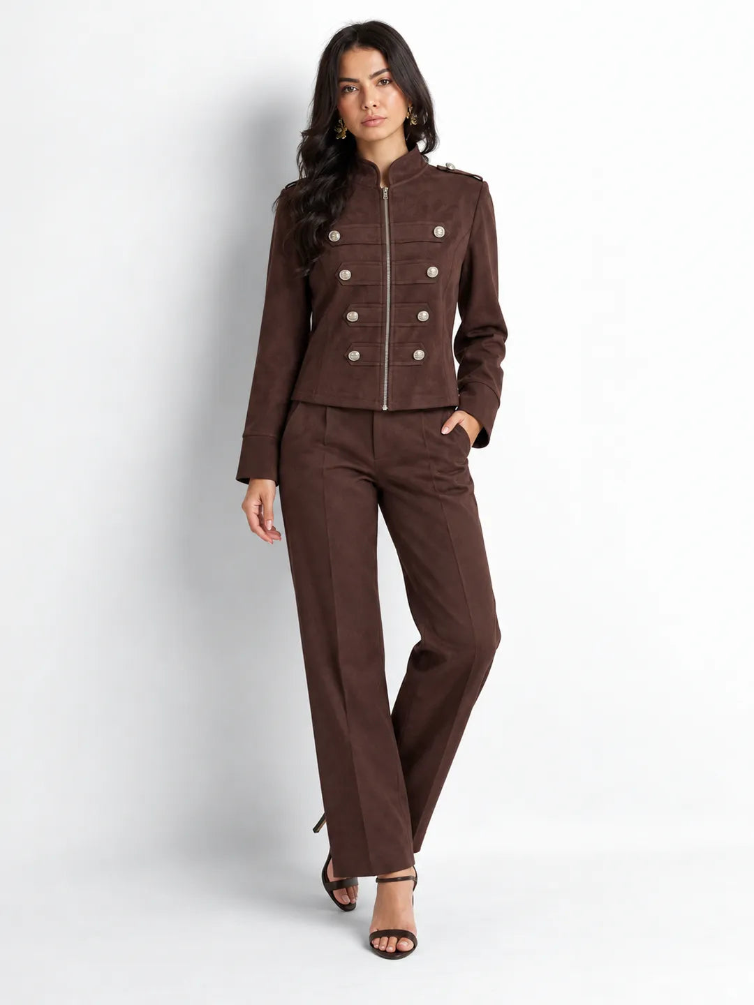 Brown Suede Military Zip-Up Jacket