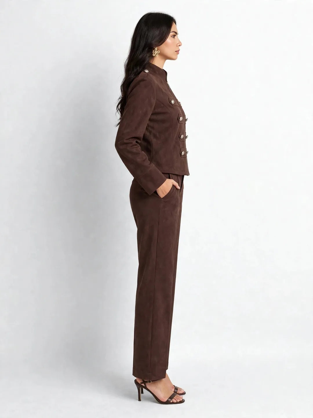 Brown Suede Military Zip-Up Jacket