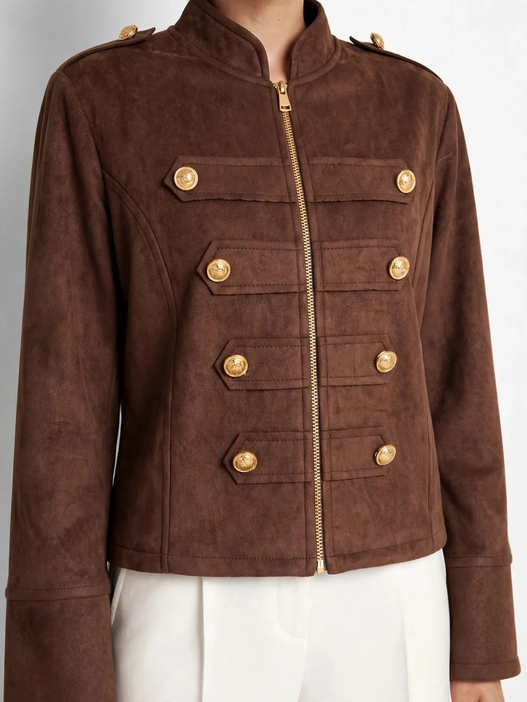 Camel Brown Suede Military Zip-Up Jacket