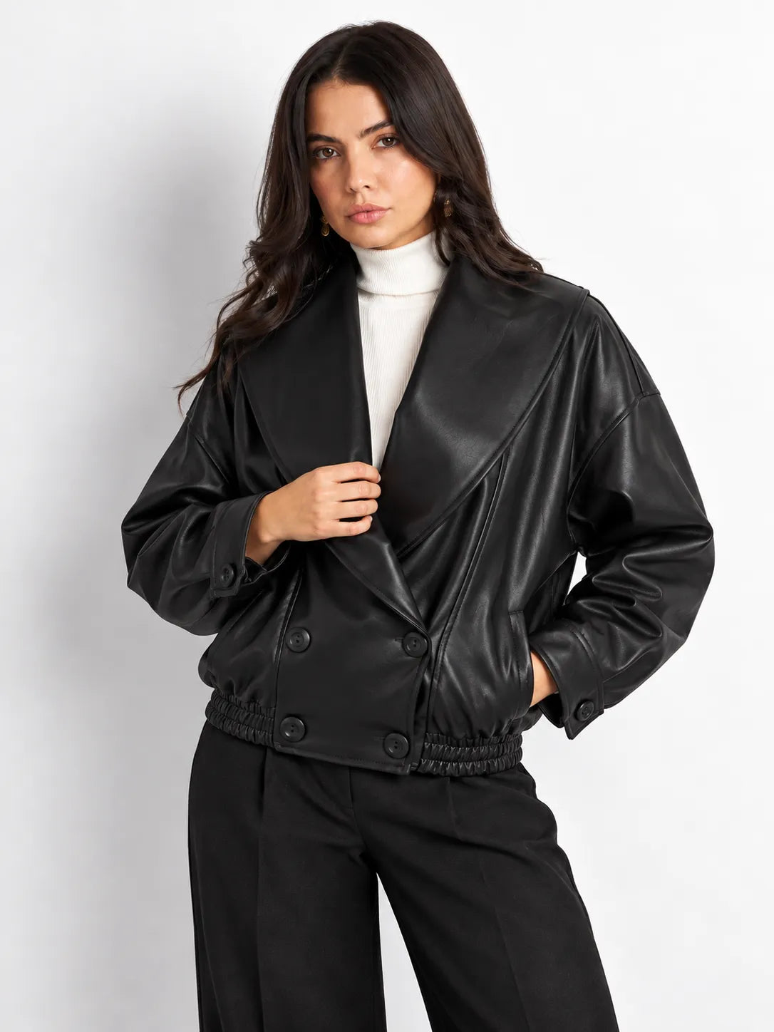 Black Faux Leather Bomber Jacket
