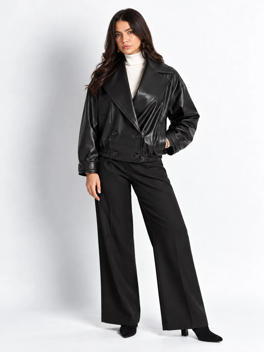 Black Faux Leather Bomber Jacket