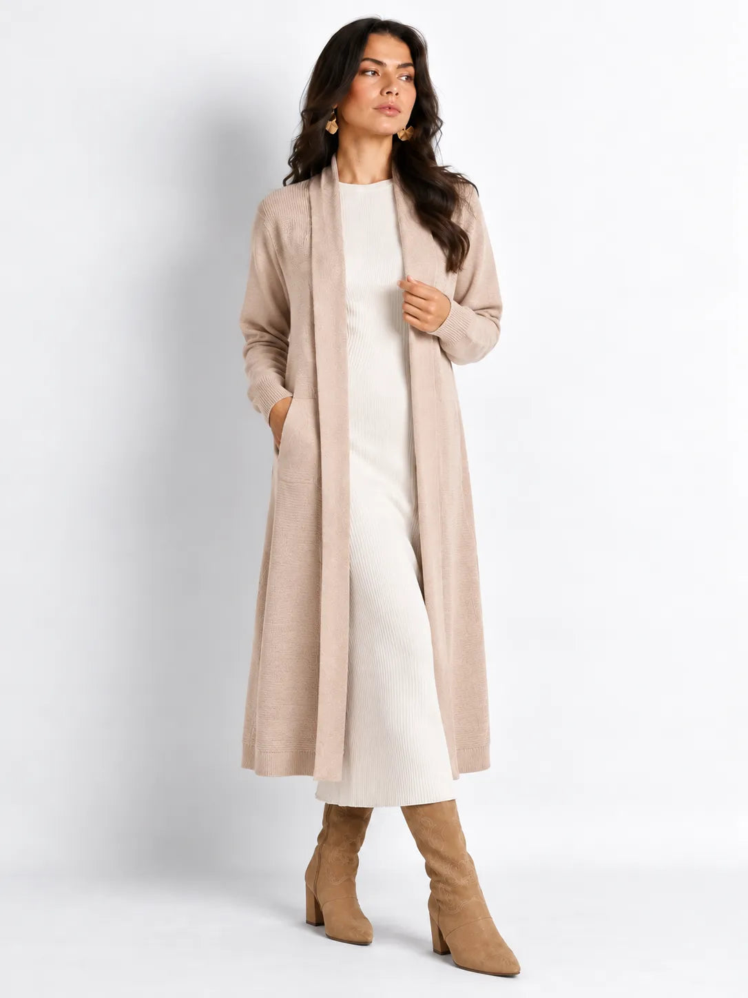 Beige Soft Knit Longline Cardigan