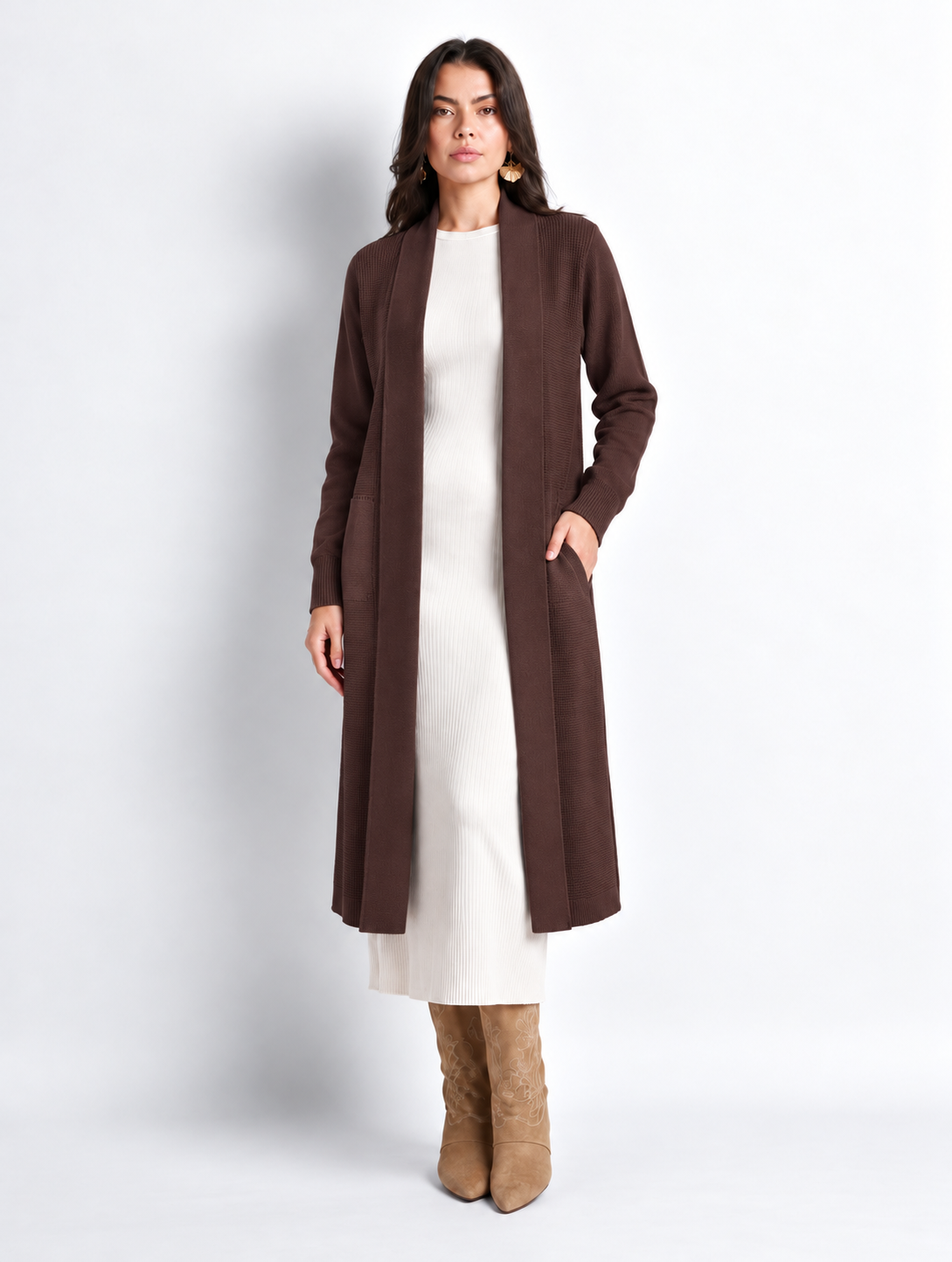 Brown Soft Knit Longline Cardigan