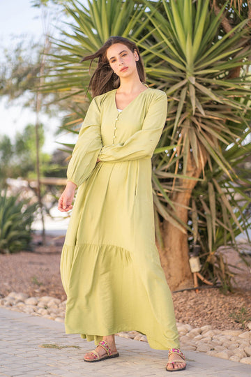 Lime Plain Linen Dress With Buttons