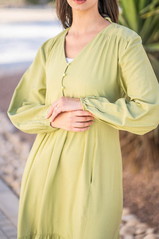 Lime Plain Linen Dress With Buttons
