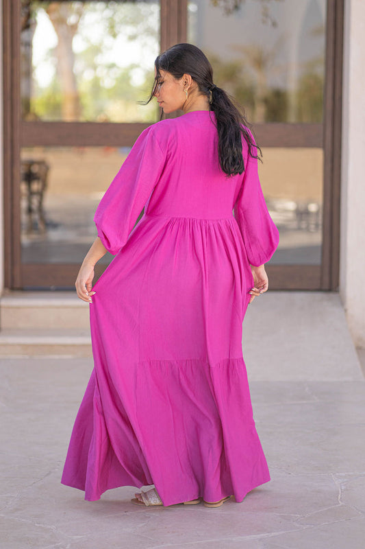Purple Plain Linen Dress With Buttons