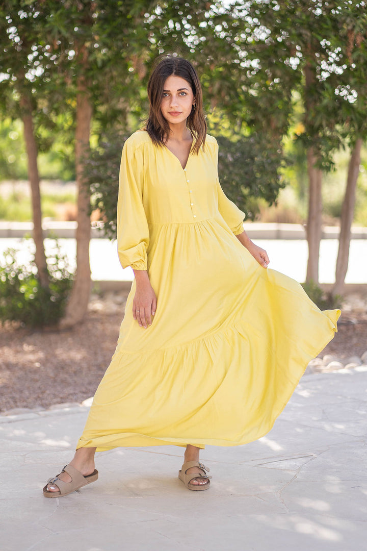 Yellow Plain Linen Dress With Buttons