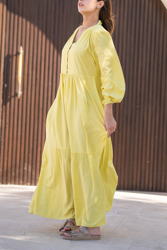 Yellow Plain Linen Dress With Buttons