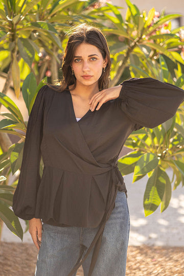 Black Puffy Sleeves Tied Blouse