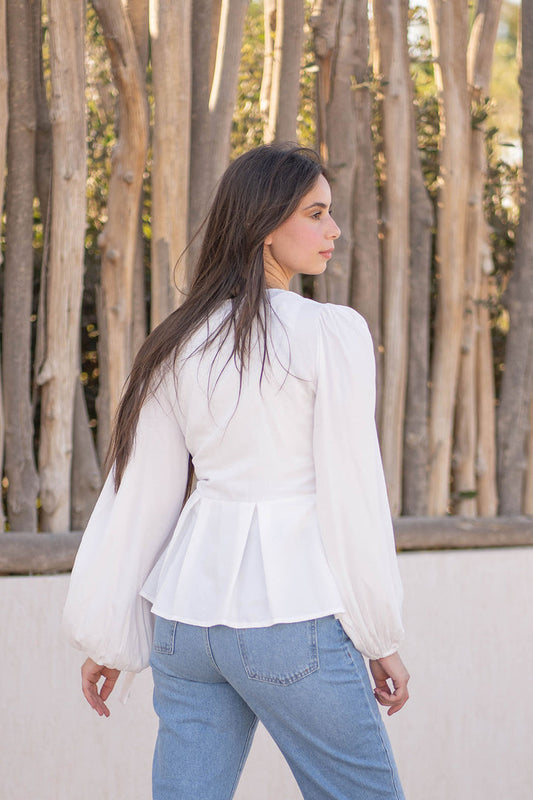White Puffy Sleeves Tied Blouse