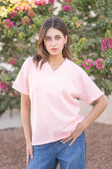 Pink V-Neck Oversize T-shirt