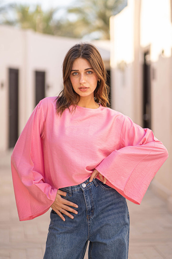 Pink Flare Sleeves Stain Blouse