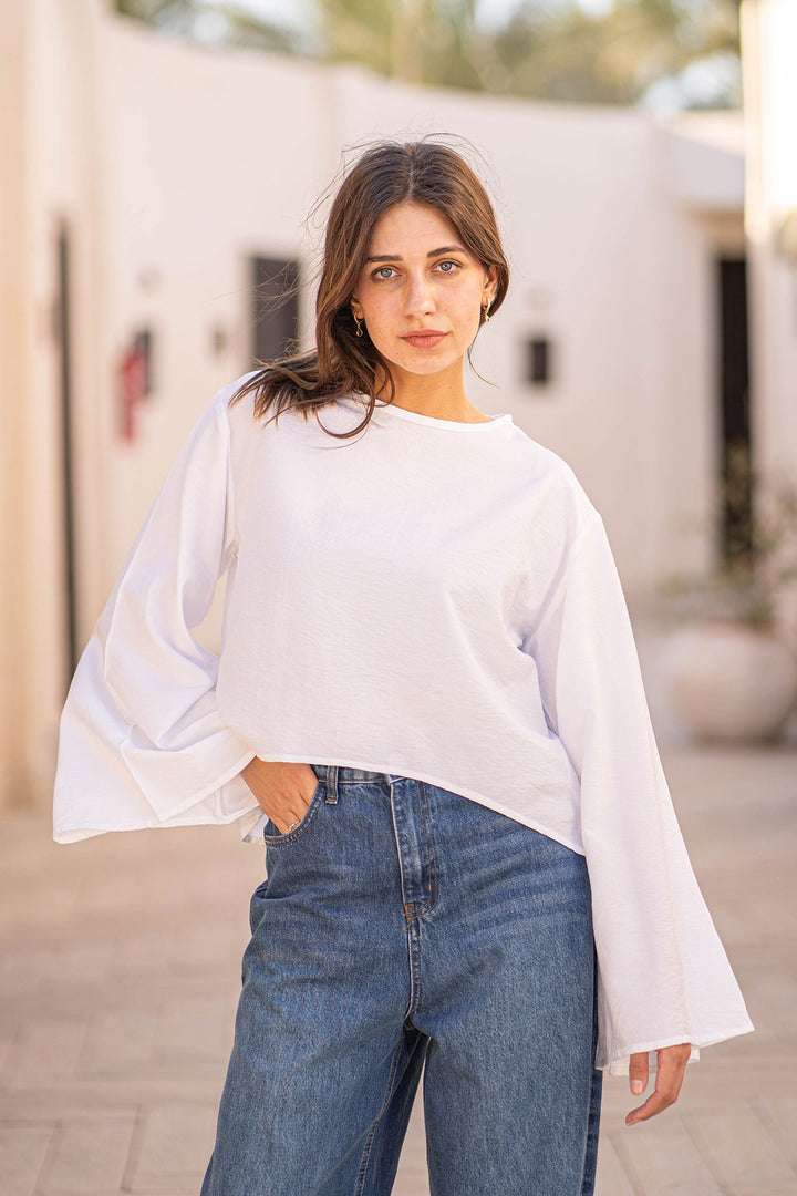 White Flare Sleeves Stain Blouse