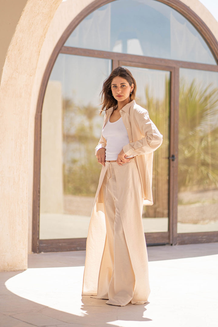 Beige Summer Tied Linen Set