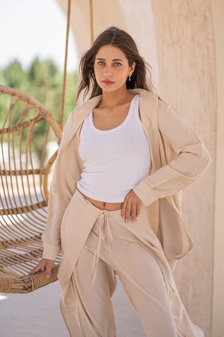 Beige Summer Tied Linen Set