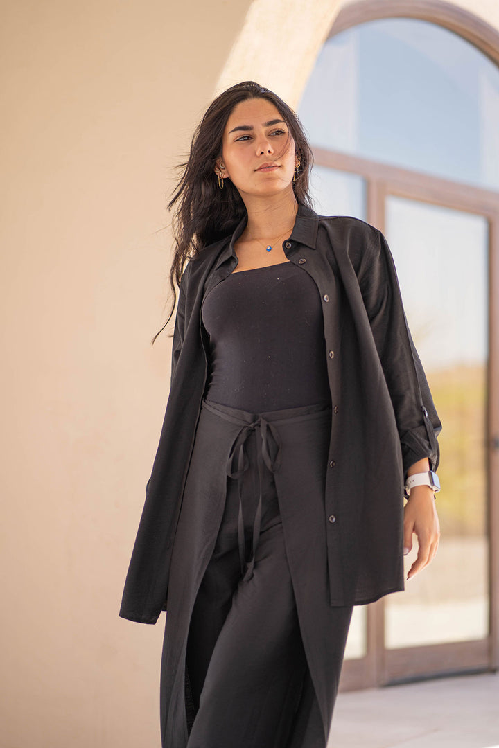 Black Summer Tied Linen Set