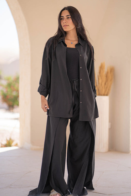 Black Summer Tied Linen Set