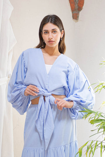 Blue Wrap Linen Blouse