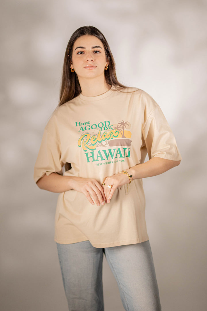 Beige Printed Oversize T-shirt