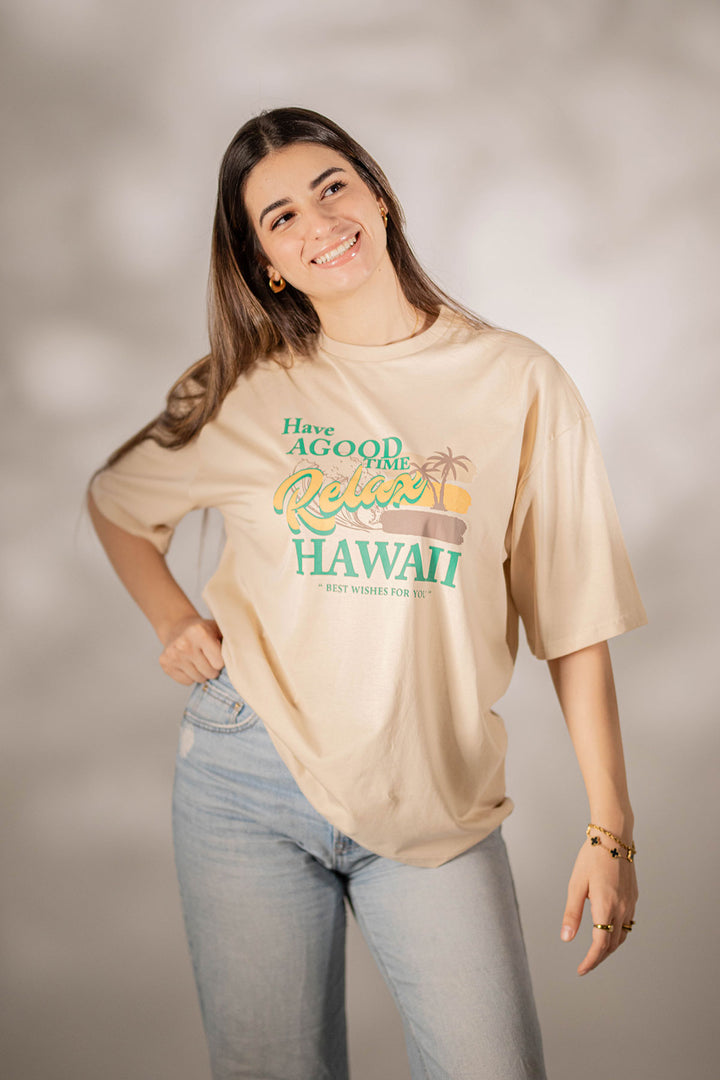 Beige Printed Oversize T-shirt