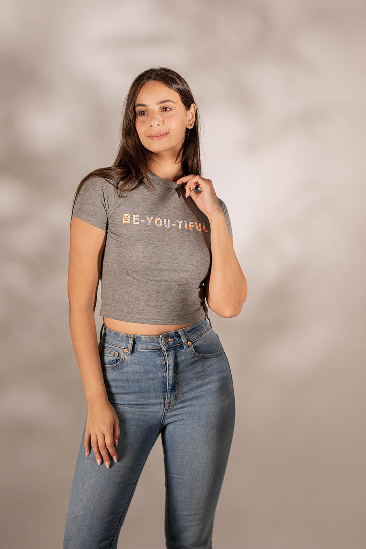 Grey Printed Cropped T-shirt