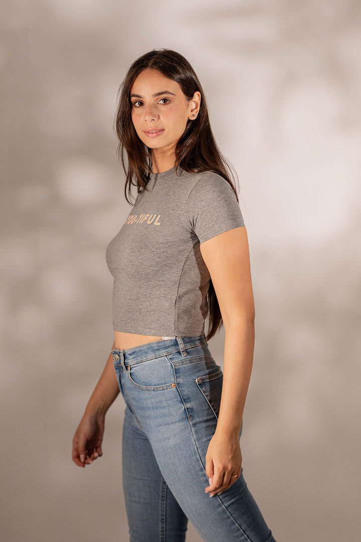 Grey Printed Cropped T-shirt