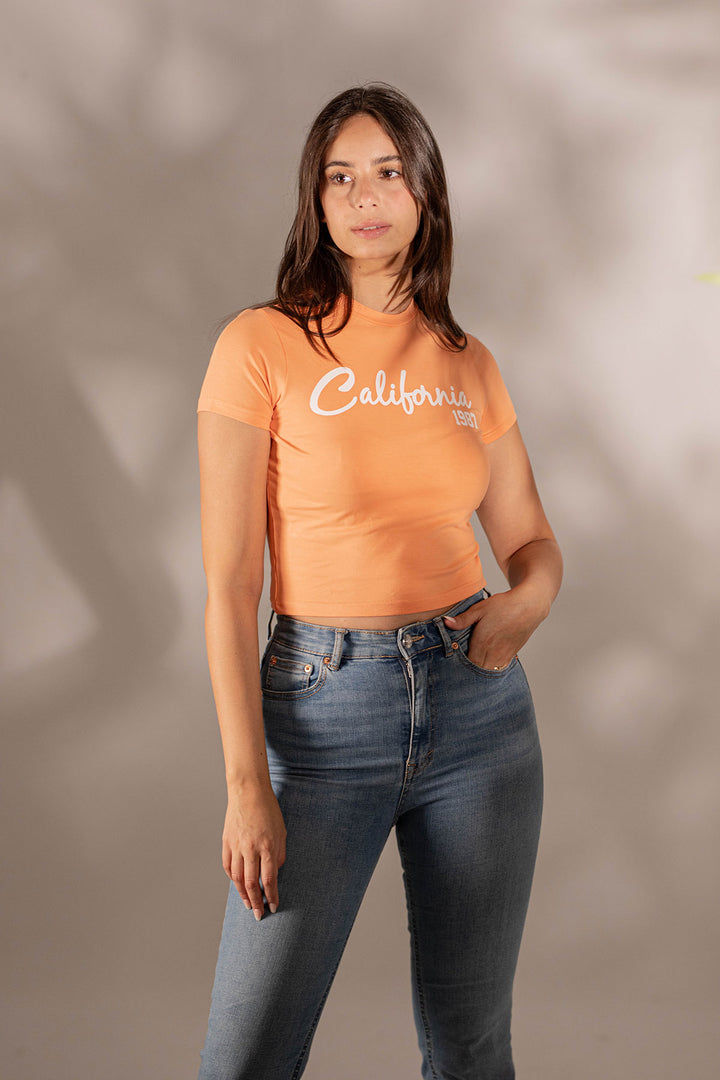 Orange Printed Cropped T-shirt