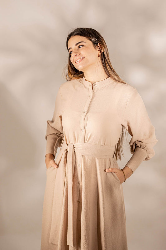 Beige Linen Tied Dress