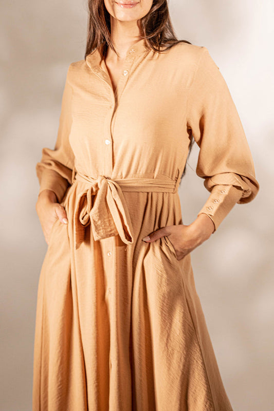 Camel Linen Tied Dress