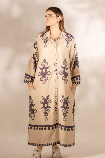 Beige Patterned Mini Shirt Dress