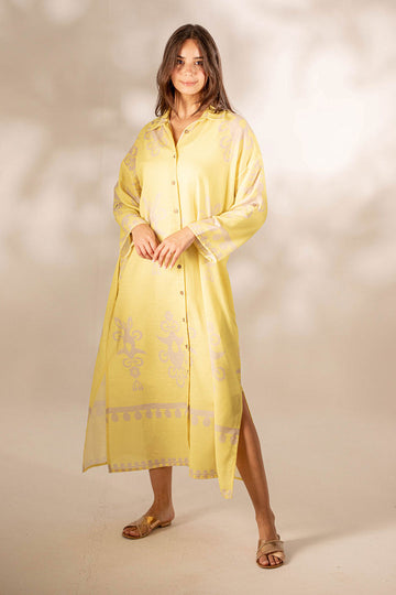 Yellow Patterned Mini Shirt Dress