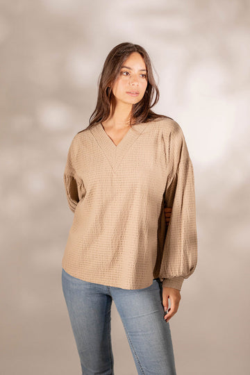 Coffe Puffy Sleeves Blouse