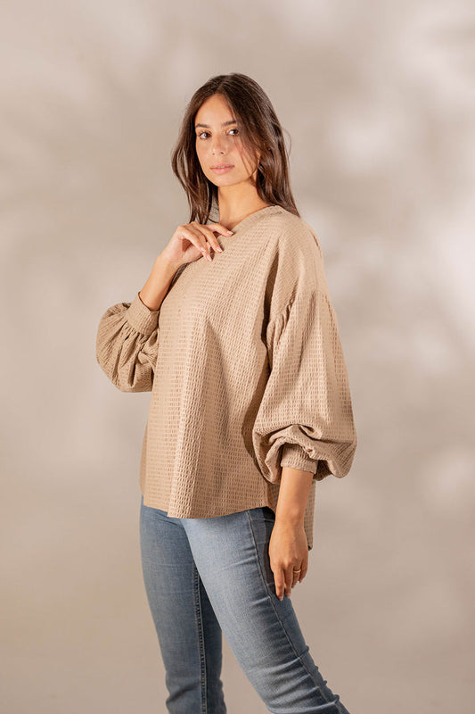 Coffe Puffy Sleeves Blouse