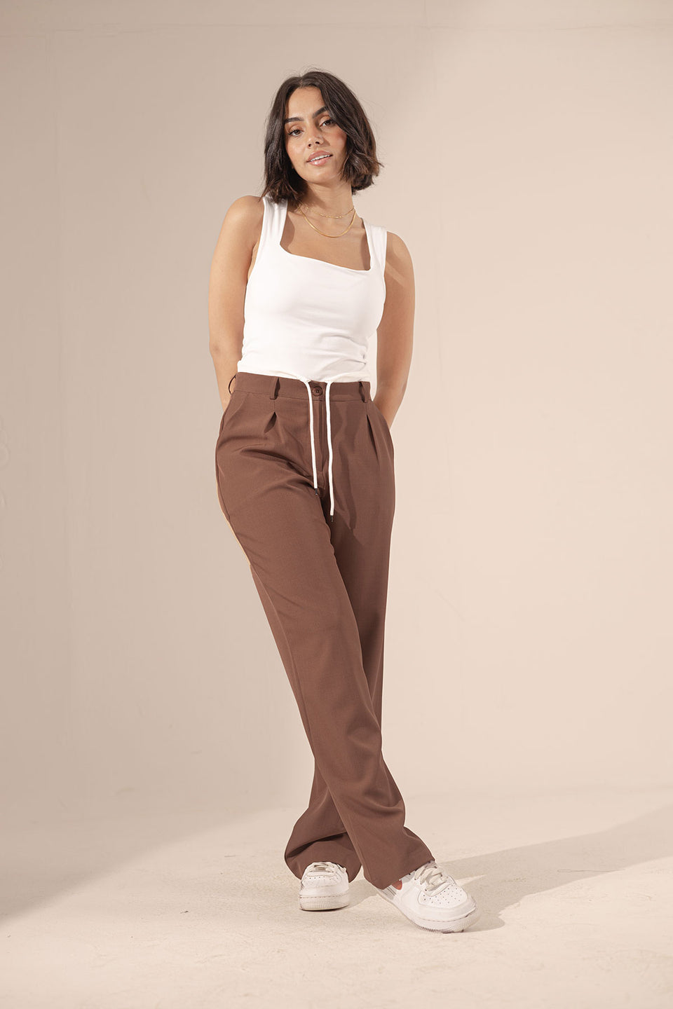 Brown Wide Leg Tied Pants