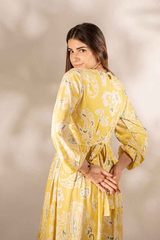 Yellow Paisley Tied Patterned Dress