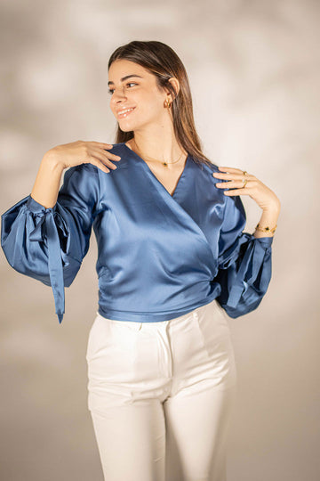 Blue Wrap Satin Blouse