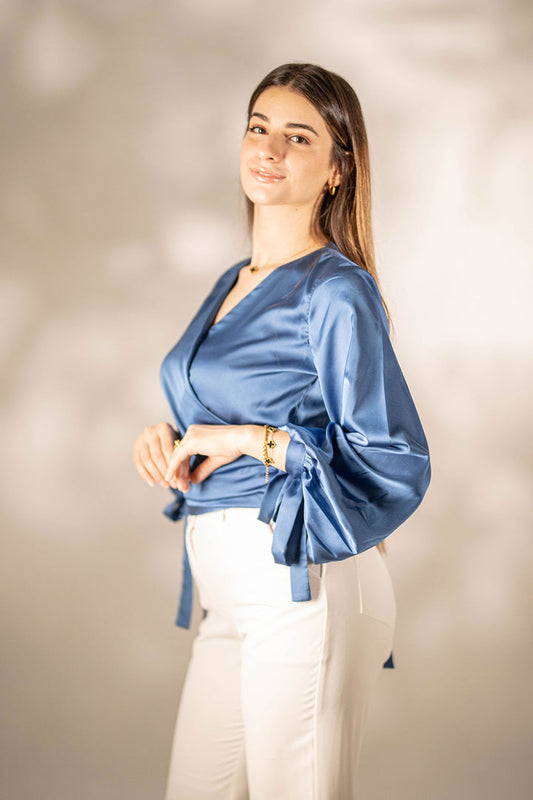 Blue Wrap Satin Blouse