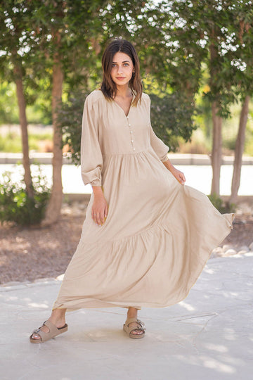 Beige Linen Dress With Buttons