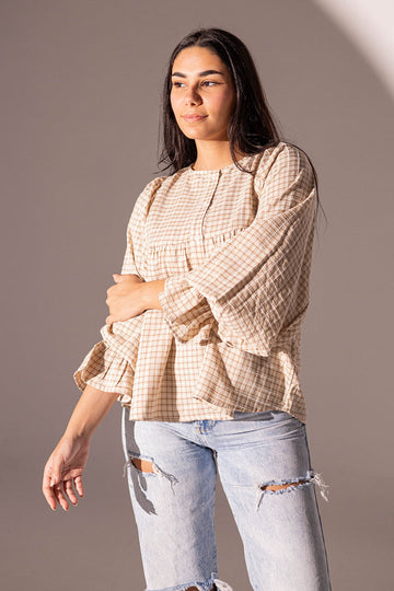 Beige Checkers Puffy Sleeves Blouse