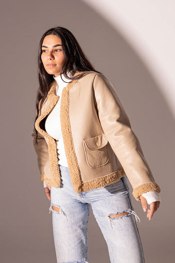 Beige Collarless Fur Leather Jacket